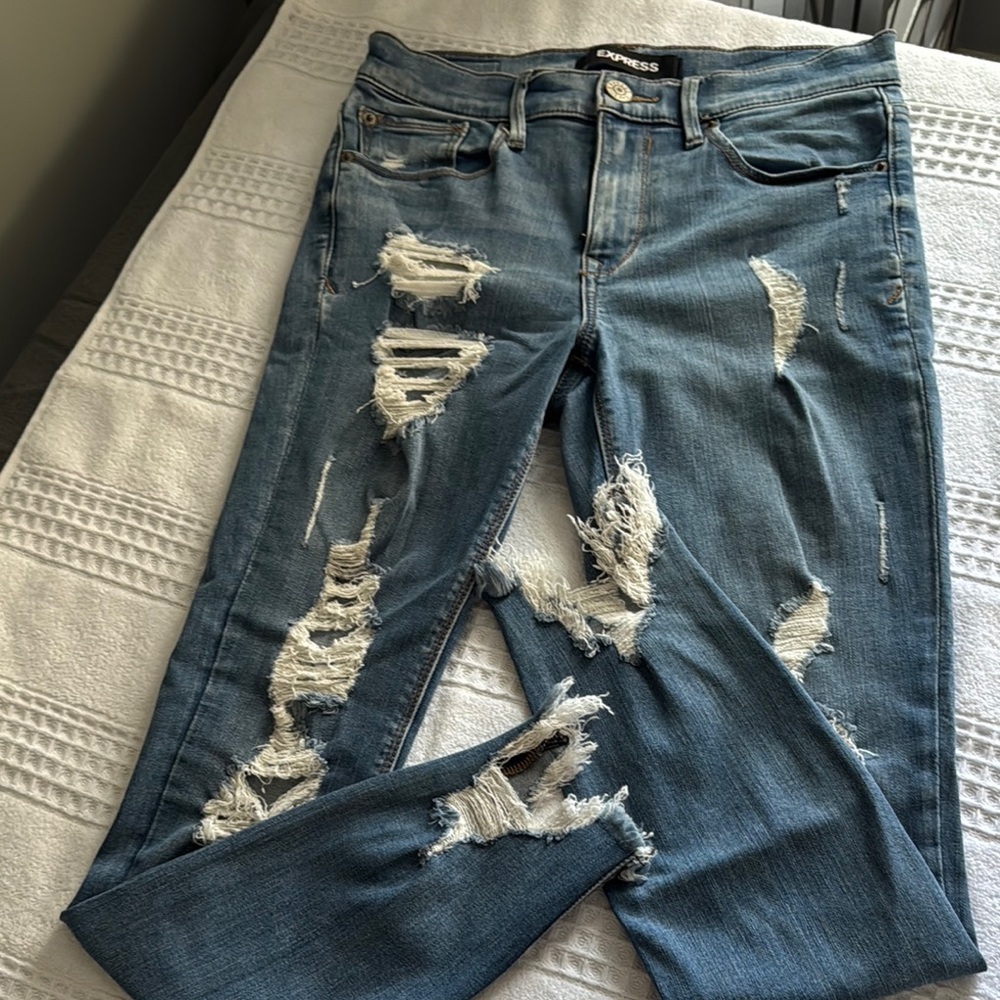 Express Blue Skinny Jeans with Distressed Detailing